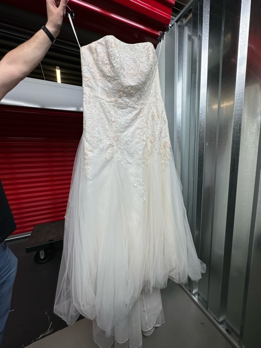 David's Bridal Ivory Strapless Lace A-Line Wedding Dress